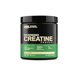 Creatina en Polvo Micronizada Optimum Nutrition, Polvo de Monohidrato de Creatina 100% Puro para Rendimiento y Potencia Muscular, Sin Sabor, 55 Porciones, 187 g