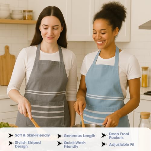 Image of Unisex Cooking Aprons | Waterproof Apron | Striped Design with 2 Front Pockets & Adjustable Neck Strap | Durable, Oil & Stain Resistant | Chef Apron for Cooking