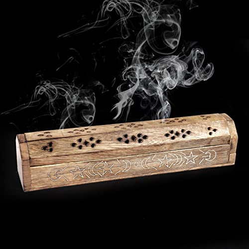 Homebia Designs Solid Wood Hand Made Coffin Style Incense Burner With Brass Inlays And Storage Compartment Ash Catcher Hand Carved, Incense Stick Stand, Stick Holder - 12 Inch - Natural #TOP12