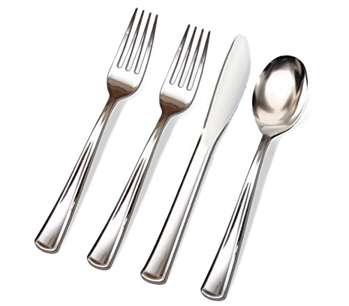 200 Silver Plastic Cutlery Premium Quality Fancy Disposable Silverware Polished, 100 Forks, 50 Knives, 50 Spoons - Heavy Duty Flatware Utensils for Parties, Weddings, and Catering (Silver)