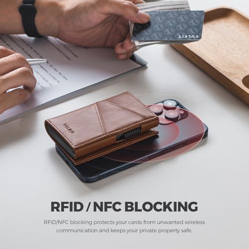 VULKIT Trifold Pop Up Men Wallet Leather RFID Blocking Credit Card Holder Metal Card Case, Hold 10 Cards and Bills, Brown, Minimalist4