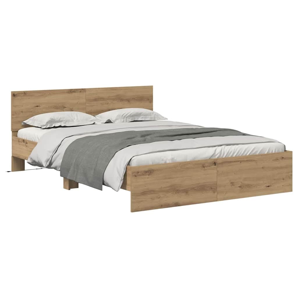Brokky Cama 135x190 con cabecero y Luces LED Estructura Cama de Madera Cama Matrimonio con somier y Base Cama Juvenil-Roble artisan-135 x 190 cm