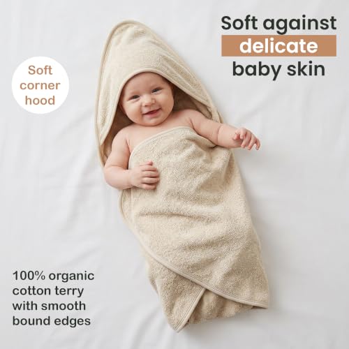Image of 100% Organic Cotton Woven Hooded Baby Towels Absorbent 31x31 in | Oeko-TEX Certified, Bath & Hooded Towels, Baby Bath Towels, Hooded Towels For Kids, Ivory, Unisex Design, Soft plush feel