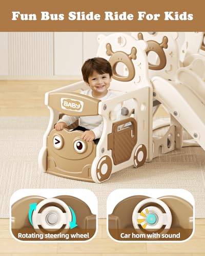 Image of XJD 10 in 1 Toddler Slide, Kids Slide for Toddlers 1-3, Toddler Play Climber Slide Playset with Basketball Hoop and Ball,Toddlers Outdoor Indoor Playground (White Brown, Medium)