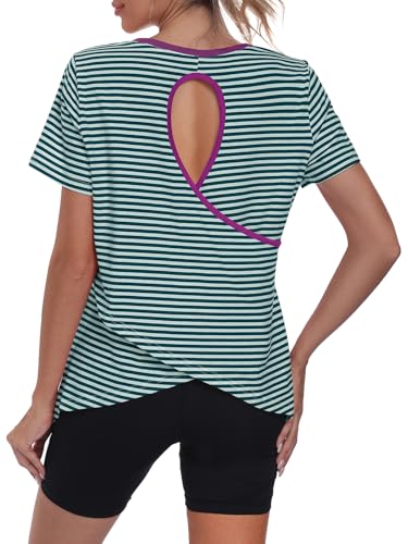 Kimmery Striped Open Back Workout Tops for Women Breathable Short Sleeve Athletic Shirts with Asymmetric Hem for Gym & Yoga Green Stripe XL