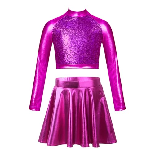 JanJean Kids 2Pcs Shiny Dance Dress Set Girls Metallic Crop Top with Skirts Outfits for Cheerleading Dancing Performing Hot Pink 6 Years