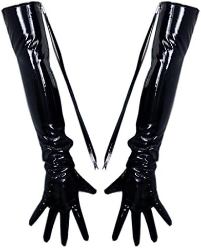 QIN-FE Women Latex Long Gloves Faux Patent Leather PU 60cm Black 
