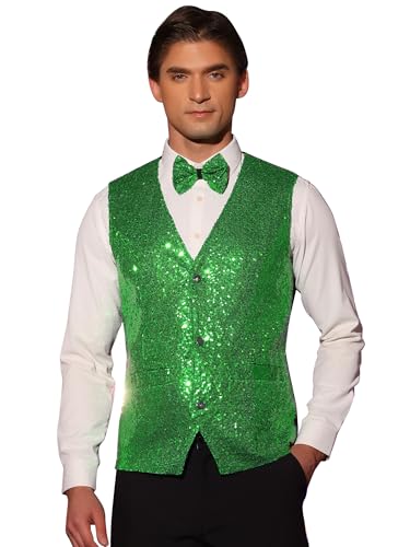 Lars Amadeus Men's Sequin Shiny Slim Fit Vest Sleeveless Suit Waistcoat Set with Bow Tie