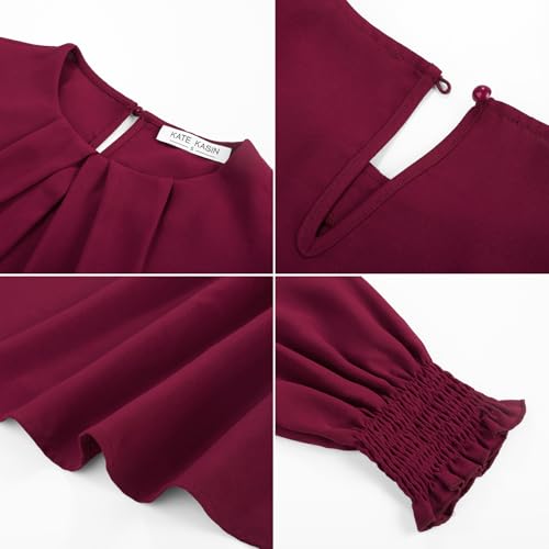 Kate Kasin Womens Dressy Business Casual Tops, Pleated Long Sleeve Shirts, Office Work Chiffon Blouses3