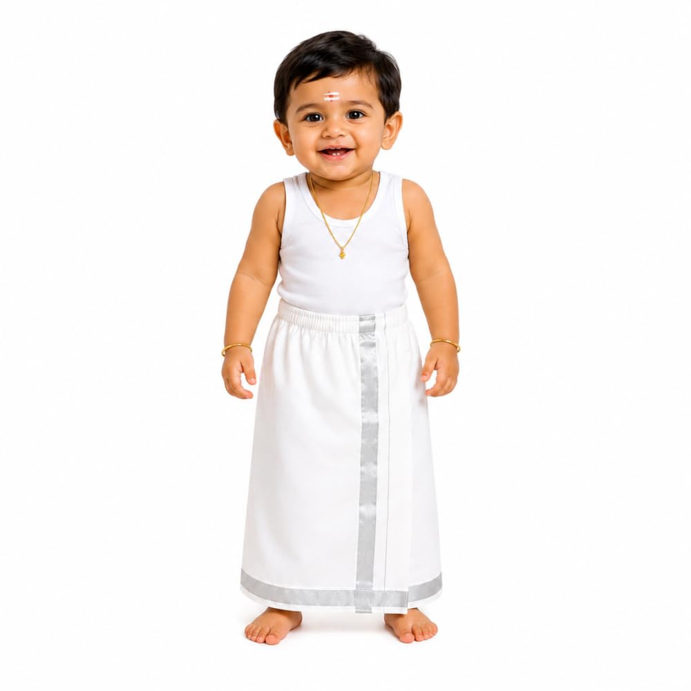 Readymade Elastic Cotton Dhoti for 2 Years Baby Boy | White Pre-Stitched Ready-to-Wear Veshti | Single Layer | 3/4-Inch Silver Zari Border | Traditional South Indian Ethnic Wear-image-23
