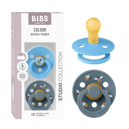 BIBS Colour Studio Soother 2-Pack, BPA Free Dummy Pacifier, Round Nipple. Natural Rubber Latex, Made in Denmark, Size 1 (0-6 Months), Breeze/Petrol