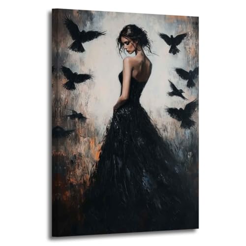 XLMDYYSW Gothic Canvas Wall Art Black and White Woman Pictures Vintage Crow Painting Prints Moody Aesthetics Artwork for Halloween Living Room Decor Framed (18L x 12W)