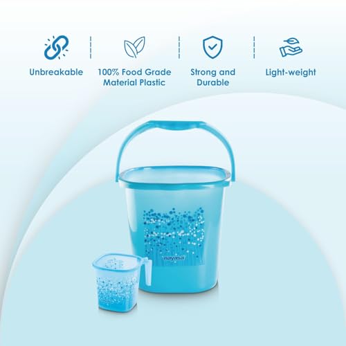 Image of Nayasa Square Ring Funk Plastic Bucket Set for Bathroom | Bucket and Mug (18 Liters & 1.5 Liters) | Bathroom Set of 2 | Bathroom Accessories Set | Bathroom Bucket Set | Blue