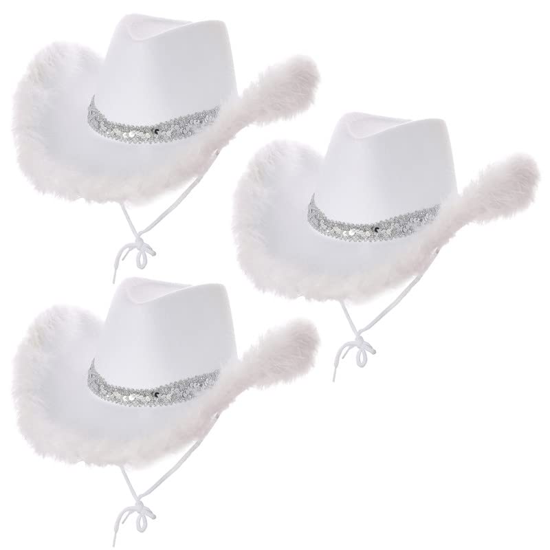 My Illusions Fluffy White Cowgirl Hat with Feathers and Sequins Cowboy Fancy Dress Festival Costume Accessory (3 Pack)