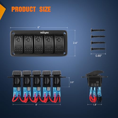Image of Nilight 5 Gang Rocker Switch Panel w /Purple LED Light 5Pin On Off Pre-Wired | Aluminum Toggle Switches Waterproof for 12V /24V Cars Marine Boats ATVs Trailers RV Trucks