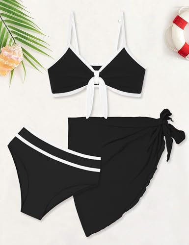 Image of Girls Swimsuit Bikini Set and Cover Up Skirt 3PCS Bathing Suit Removable Knot Dual-Use Girls Swimsuits Size 7-16