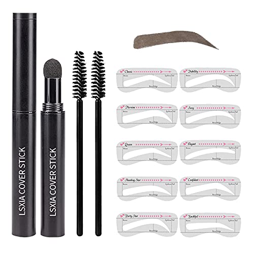 Brow Stamp and Eyebrow Stencil Kit, One Step Eyebrow Powder Eyebrow Shaping Kit - Eyebrow Stamp Waterproof Eye-brow Makeup Kit - Natural Brow Definer Stamp with 10 Brow Stencils for Women (Gray Black)