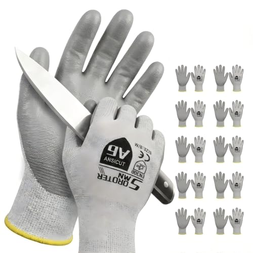 SordTermin Cut Resistant Work Gloves, ANSI A6, PU Coated Palms for Flexible No Slip Grip, Food Grade, Abrasion Resistant (10 PAIRS - XL)