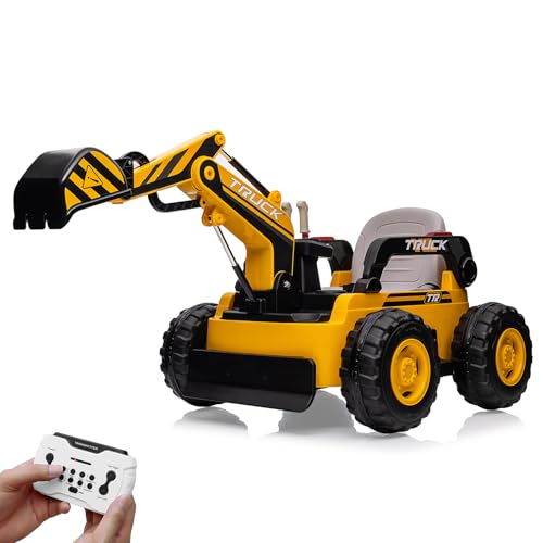 Kids Ride On Excavator Digger Truck with Remote Control & Electric Digging Arm, 12V 10Ah Large Battery, 4x75W Motors,LED Tail Light, Music, USB, Ride Car Toy Xmas Birthday Gift for Ages 3+, Yellow