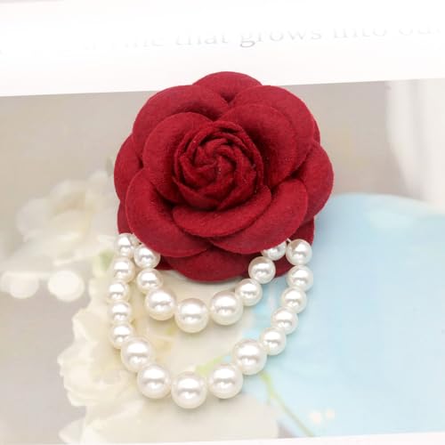 Image of Elegant Camellia Flower Faux Pearl Brooch Pin,Bohemian Fabric Flower Brooch Pins Pearl Tassel for Women Teen Girls, Corsage Wedding Brooches Clothes Dress Coat Accessories Jewelry Gift (Red)