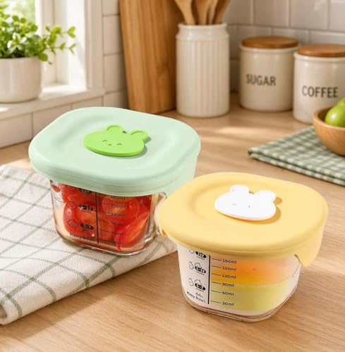 Image of Rioware Smart Lock Glass Food Storage Containers Set of 2 (180ml Each) | Borosilicate Glass | Airtight & Leak-Proof Lid | Microwave, Freezer & Dishwasher Safe | Baby Food Storage Bowl with Measurement