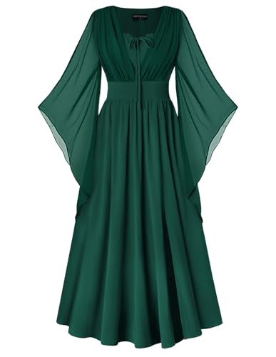 Renaissance Dress Women Bell Sleeve Fairy Dresses Witch Costume Split Maxi Dress with Pockets Teal L