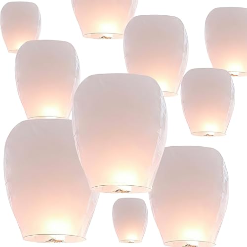 SKIKHN Farolillos Voladores de Papel, 10 Unidades, 100% Biodegradables, Linternas de Papel de Vuelo Chino Lámparas de Velas de la Vela, con Rotulador para Escribir Deseos