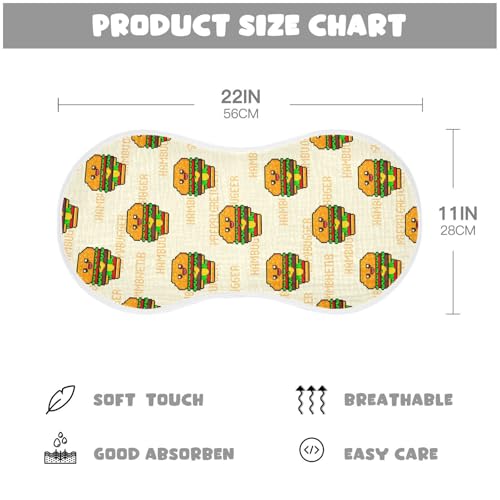 Pixel Burger Pattern Muslin Burp Cloths for Baby 4-Layer Absorbent Cotton Large 22" x 11" Soft Spit Up Rags for Newborns Boys Girls, 2 Pack2