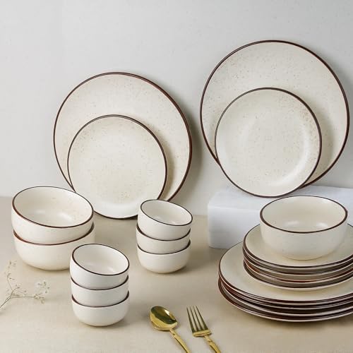 Image of The Earth Store Creme Matte Ceramic Dinner Set of 21 Pieces Serving for 6, Microwave & Dishwasher Safe Plates & Bowls for Dining, Crockery Set for Dining and Gifting