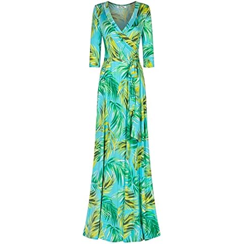 Bon Rosy Women's 3/4 Sleeve V-Neck Printed Maxi Faux Wrap Dress 2c5 Navy Green M Cover
