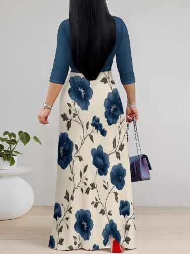 Image of PinkPatty Women's Plus Size Maxi Dresses Casual Flowy 3 /4 Sleeves Dress Printed Vacation Dress for Daily Wear with Belt