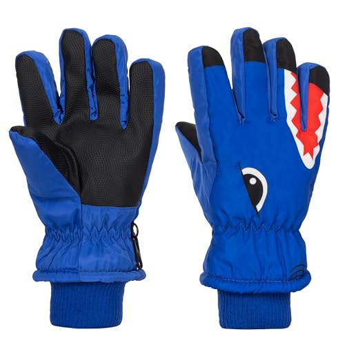 KorhLeoh Winter Snow-Ski-Gloves for Kids Water-Repellent Anti-Slip Snow-Gloves for Kids 8-15 Years Shark-Pattern