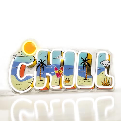 Image of Beach Neon Sign Uv Print - Summer Room Decor, Beach Wall Art Neon Lights For Wall Decor, Bar Neon Sign, Neon Light Coastal Wall Decoration (16.5x8.7 Inches) Adjustable Brightness LED Sign For Man Cave