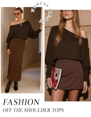 Image of Aifer Women's Off The Shoulder Tops Sexy Long Sleeve Shirts Oversized Fashion Casual Batwing Sweaters Pullover Tunic Tops
