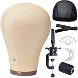 Wig Head Cork Canvas Mannequin Head with Stand Set Block for Wigs Making Display Styling 24 Inch (Cork Head+T-Pins+Clamp Stand)