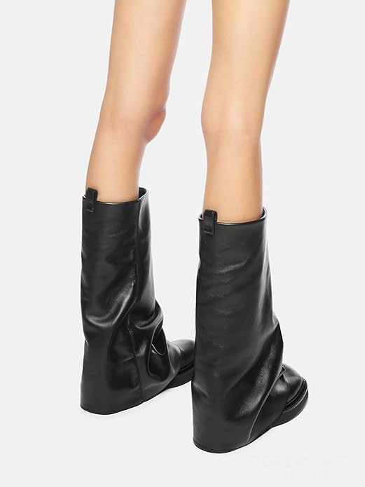 MAVMAX Women Fold Over Knee High Boots Casual Round Toe Coverd Slouched Leather Pull On Wide Calf Chunky Low Heel Platform Boots, 8, Black - Image 5