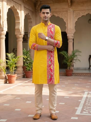 Image of Men's Jamdani Printed Kurta Pajama Set | Pure Cotton Ethnic Kurta with Mandarin Collar & Dupion Silk Pyjama | Festive & Weddings 303A12A 303SB12B(M XXL)