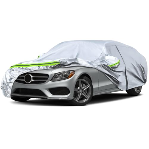 Image of Waterproof Car Covers Replace for 2008-2025 Mercedes Benz C-Class C250 C300 C350, 6 Layers Silver All Weather Car Cover with Zipper Door & Windproof Bands for Snow Rain Dust Protection