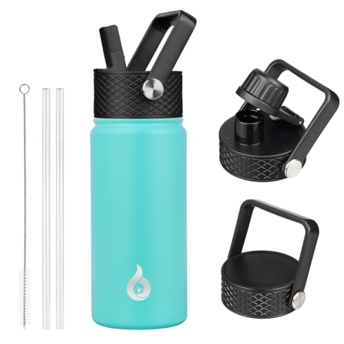 Image of BJPKPK Insulated Water Bottles with Straw Lid, 18oz Stainless Steel Metal Water Bottle, Cold Hot Thermo with 3 Lids, Leak Proof BPA Free Travel Cup, Wide Mouth Flasks, Thermo-Turquoise