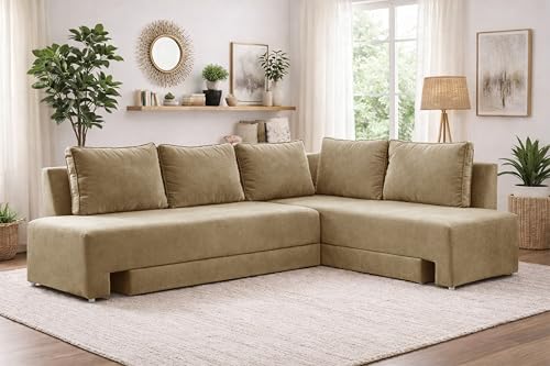 Image of Rosebell L-Shape 5 Seater Sofa Cum Bed, Sectional Couch with Cushions, Space Saving Corner Sofa, Modern Foldable Seating & Sleeping Solution for Living Room, Guest Room & Small Spaces - Golden