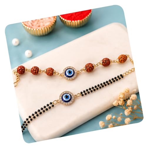 Image of Designer Evil Eye Couple Pair Rakhi for Brother Bhai Bhabhi | Premium Evil Eye Bracelet Rakhi Set for Bhaiya Bhabhi Gift, Rakshabandhan Greeting Card, Tilak Set,Home decor