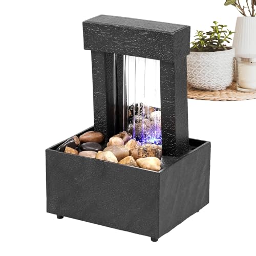 Fuente de mesa, fuente de cascada de mesa, fuente en cascada con características de agua relajantes | Oficina en casa Decoración del espacio interior con luz LED, fuente de mesa de meditación