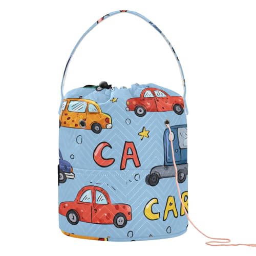 Image of Tatenale Crochet Bag Yarn Bag Knitting Project Bag with Pockets and Handle Portable Yarn Storage Organizer Tangle Free 8.3x11 InchLight Blue Cars and Stars32