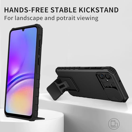 Image of Back Cover Case for Samsung Galaxy F05 | Sliding Camera Shield | Stereoscopic Stand | 360 Mobile Phone Case Cover for Samsung Galaxy F 05 / F05 4G | New PC, Black Back Cover