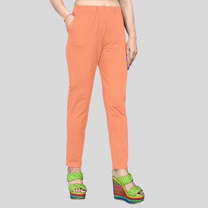 Image of Women's Solid Cotton Lycra Pants-High Waist Slim Fit Stretchable Leggings - Comfortable Long Trousers for Casual, Office & Everyday Wear