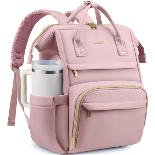 Image of LOVEVOOK Laptop Backpack for Women Men with Large Cup Holder,17 inch Waterproof Computer Laptop Bag TSA Approved Travel Backpack,Professional Work College Nurse Teacher Backpack Gift Purse,Rose pink