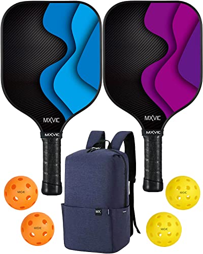 Pickle-Ball-Paddle-Set-of-2 with 4 Balls and Backpack, Fiberglass Pickleball Rackets for Adults, Kids | MXVIC Pickle-Ball Equipment with Racquets and Balls for Women Men, Purple, Blue