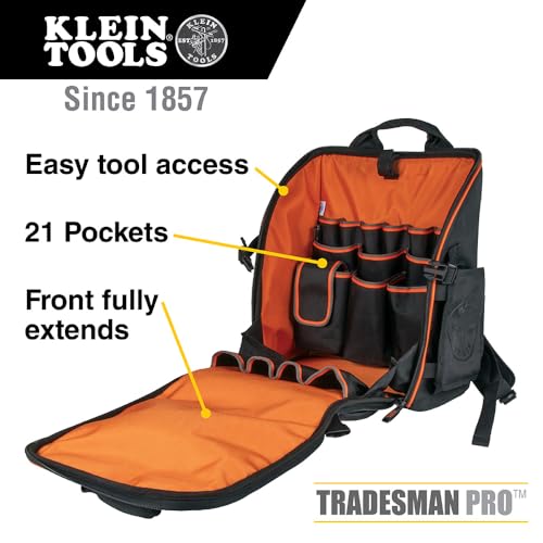 KLEIN TOOLS 55482 Tool Bag Backpack, Heavy Duty Tradesman Pro Tool Organizer with 21 Pockets and Large Interior, Water Resistant