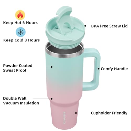 Image of BJPKPK Tumbler With Handle And Straw 40oz Insulated Tumbler Cups With Lid Stainless Steel Travel Coffee Mug,Bubble Gum