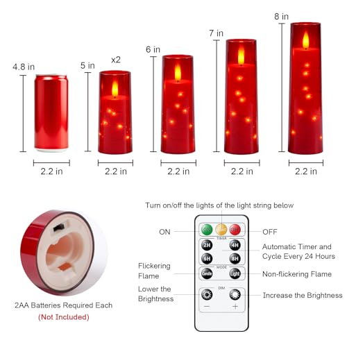 Image of Raycare Flameless Candle with Remote Timer - 5 Flickering Acrylic Battery Operated LED Pillar Candles with Embedded Star String for Halloween, Home Decor, and as a Gift(Red)